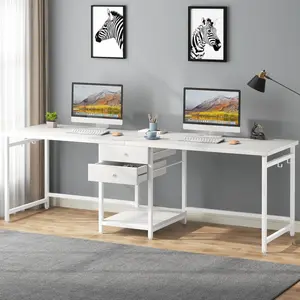 Tradeber TB-NY265 79 in. Two Person Computer Desk with Drawers & Storage Shelves - White