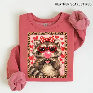 Valentine Raccoon Sweatshirt/Hoodie/T-Shirt, Cute Bubblegum Raccoon With Heart Sunglasses & Bow, Leopard Print Love Animal Shirt, For Men and For Women