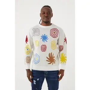 Men’s Abstract Spiral Graphic Knit Crewneck Sweater – White Multicolor Retro Pullover