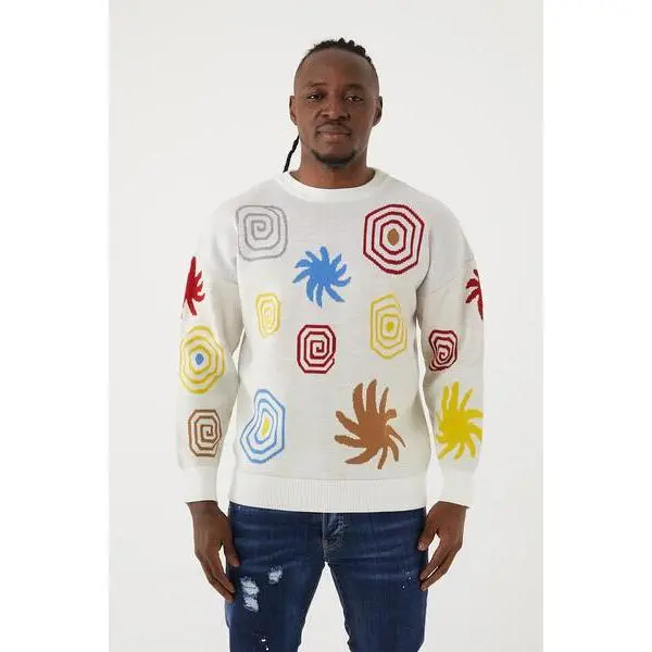 Men’s Abstract Spiral Graphic Knit Crewneck Sweater – White Multicolor Retro Pullover