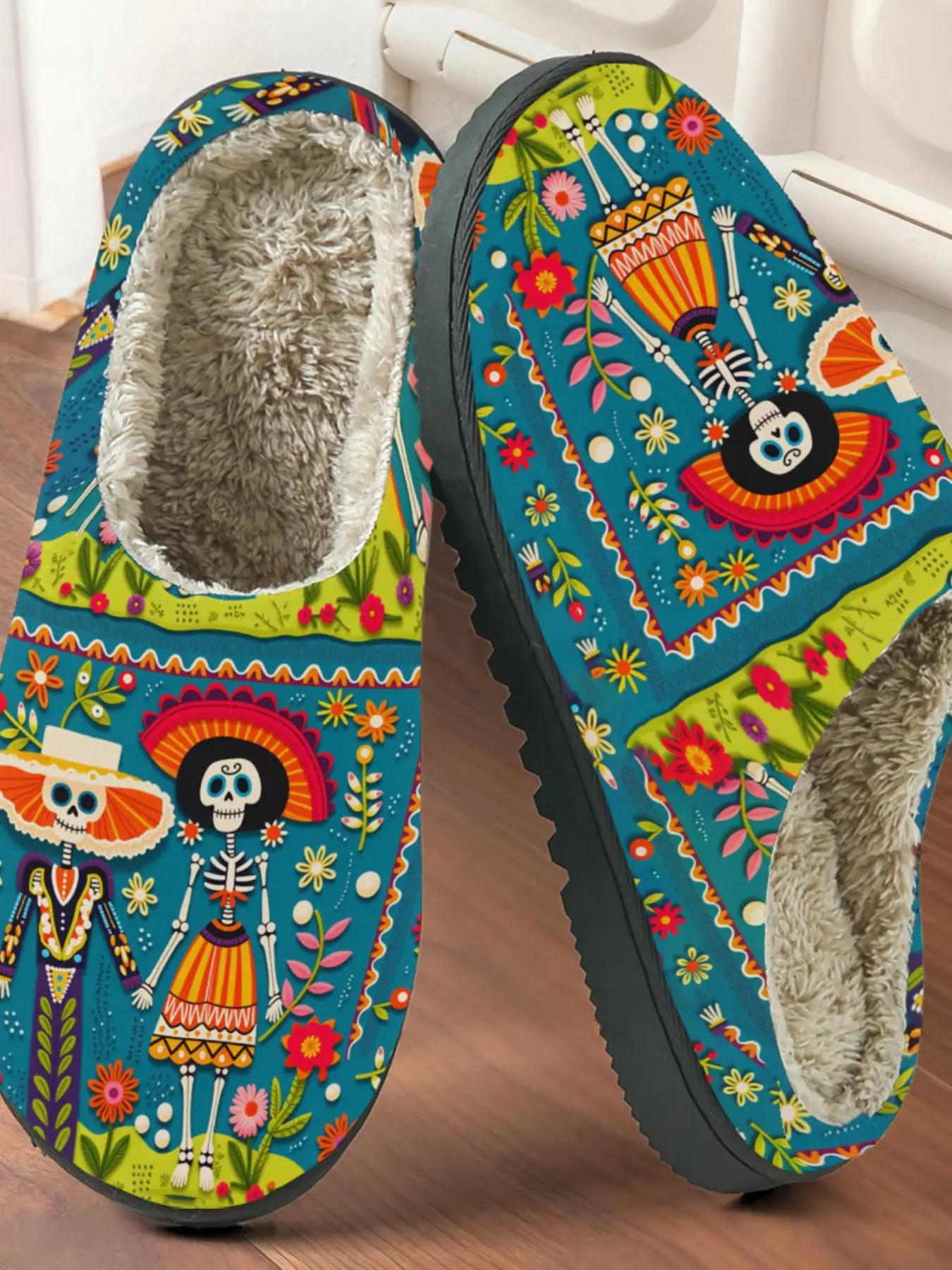 Mexican Day of the Dead Sugar Skull Cotton Slippers, Anti-Slip Thick Sole, Warm Home Culture Lovers Fall Winter Shoes