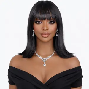 Black Bob Wig with Bangs Short Straight Bob Wigs for Women - 12 Inch Heat Resistant Synthetic Hair Wig for Daily Party Use