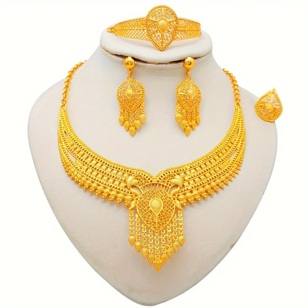 Traditional Bridal Jewelry Set 1 Pair Hollow Tassel Dangle Earrings +1pc Pendant Hollow Necklace + 1pc Waterdrop Ring And 1pc Bangle Bracelet Set Copper Golden Daily Clothing And Wedding Accessories，gifts girlfriend