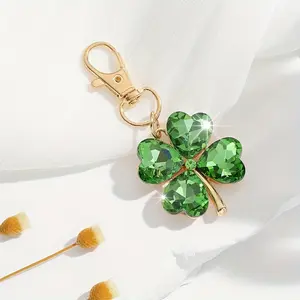 1pc Luxury Four-Leaf Clover Keychain - Elegant Women's Key Ring with Lobster clasp, Green & Golden Accent - Birthday Gift, Car Keys, Purse Charm - Durable Rhinestone Decoration for Everyday Special Occasions, Cute Keychain Accessories, Goldtoned Hardware