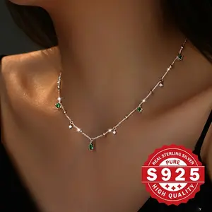 Geometric green synthetic zircon necklace, S925 sterling silver plated, square water droplet shaped artificial cubic zirconia design, unique and fashionable, perfect gift choice, anti allergic