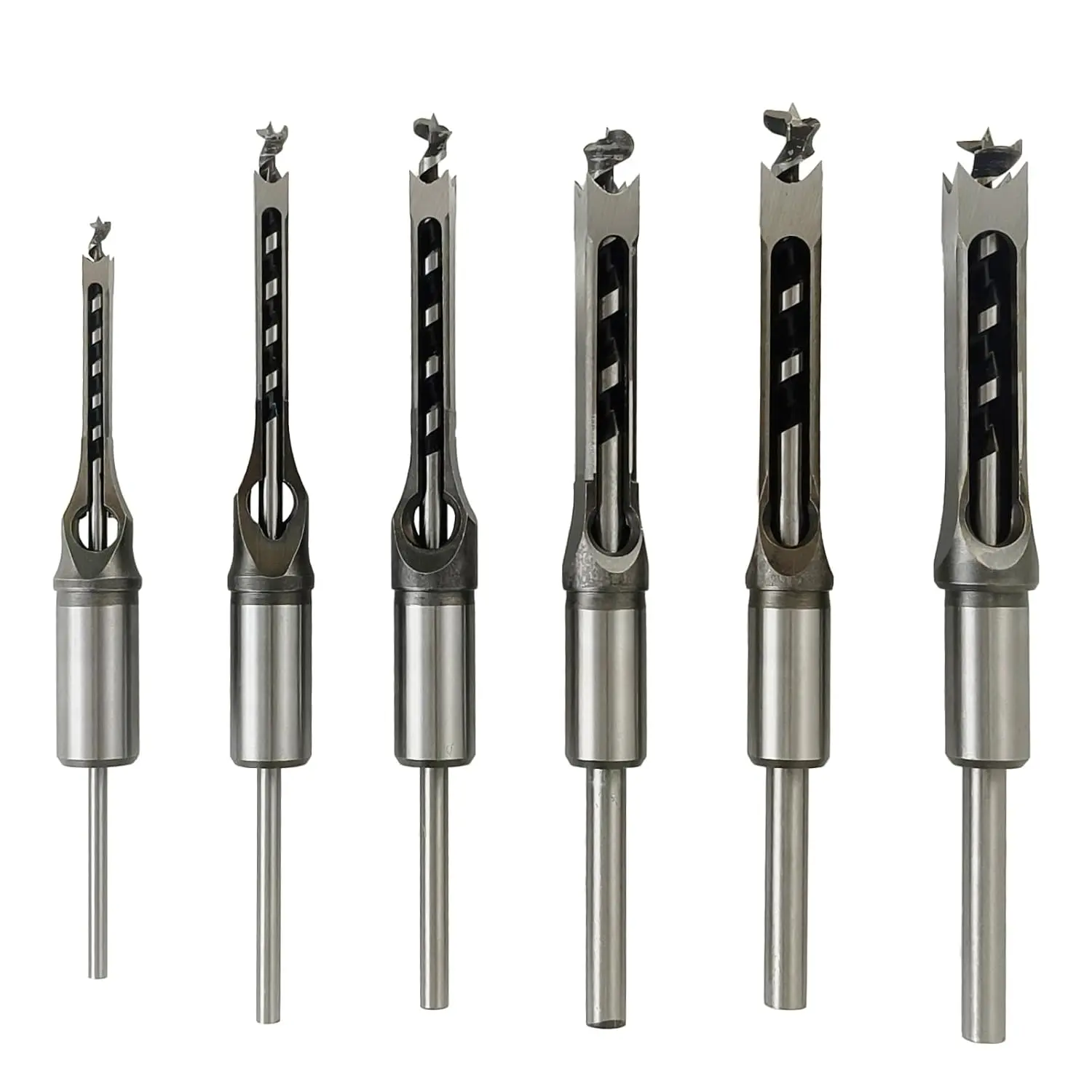 6 count Square Hole Mortise Chisel Drill Bit Tools, 5/8" 9/16" 1/2" 3/8" 5/16" 1/4" for Precise Woodworking