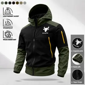 Men’s lightweight windproof jacket with a bull print, abrasion-resistant hooded outerwear with zippered pockets, available in multiple colors, suitable for hiking and everyday wear.