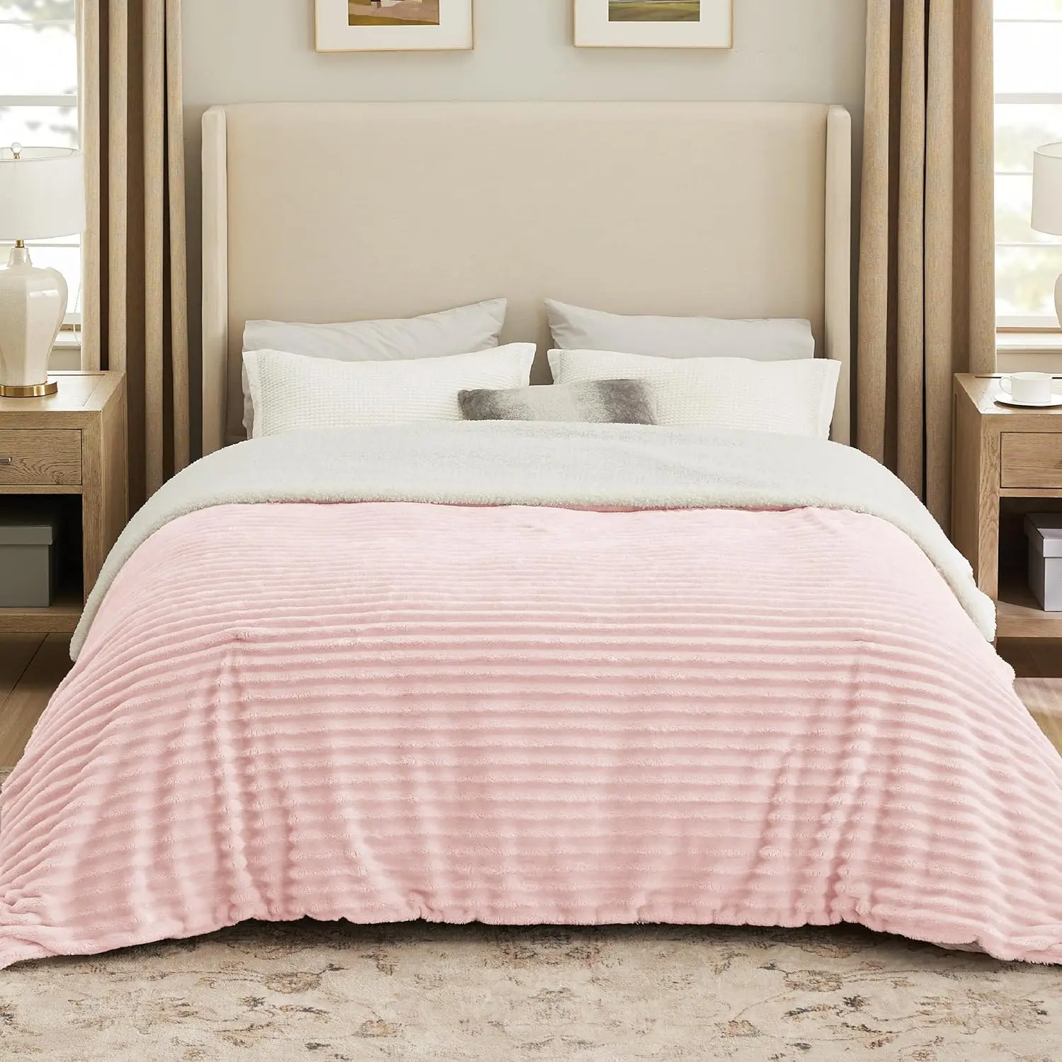 Modern King Size Sherpa Blanket - 108x90 Inches Solid Pink, Soft, Durable, Super Plush, Thick, Warm for Winter, Machine Washable