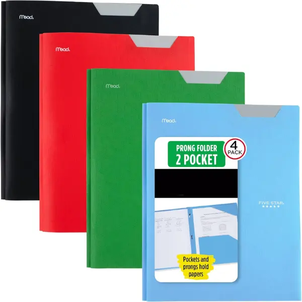 2-Pocket Plastic Folder with Stay-Put Tabs and Prong Fasteners, Holds 8.5" x 11" Paper, Assorted Colors, 4 Pack (340300A)