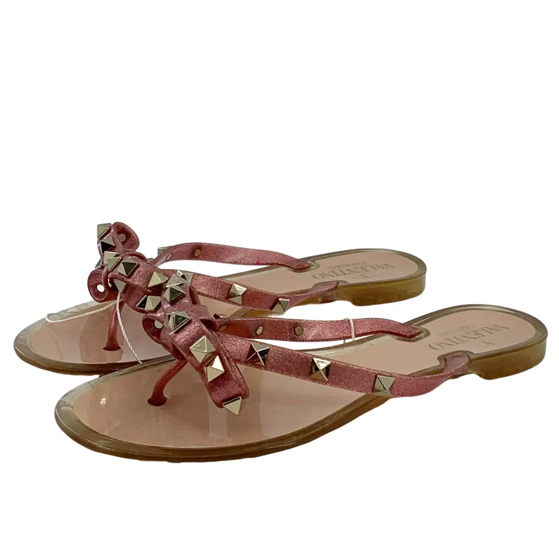 RDLT-Valentino Size 36 Pink Glitter Thong Flat Slides with Rivet & Bow Details-J37693