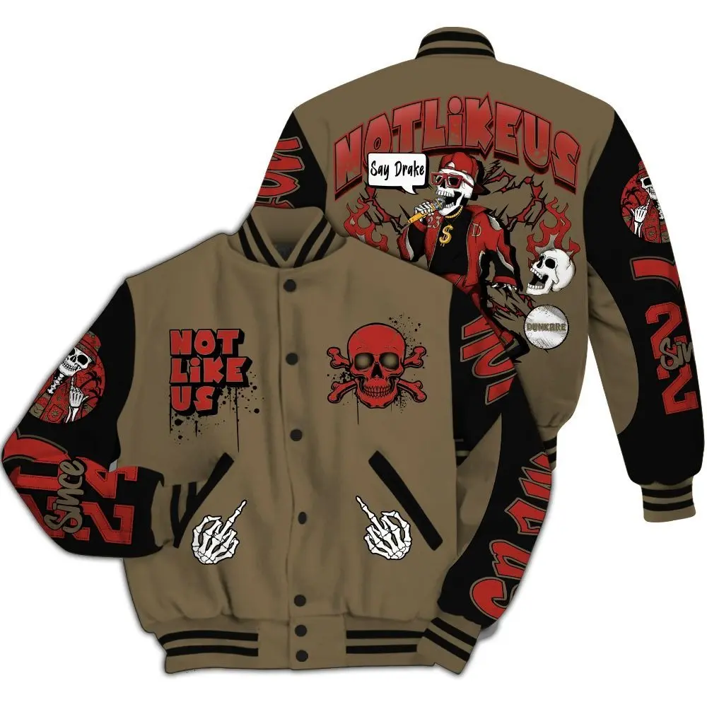 Hip Hop Skeleton Varsity Jacket Featuring Not Like Us Typography Skull Crossbones Graphic Middle Finger Hand Gesture Baseball Jacket Outerwear Loose Fit Men Women Casual