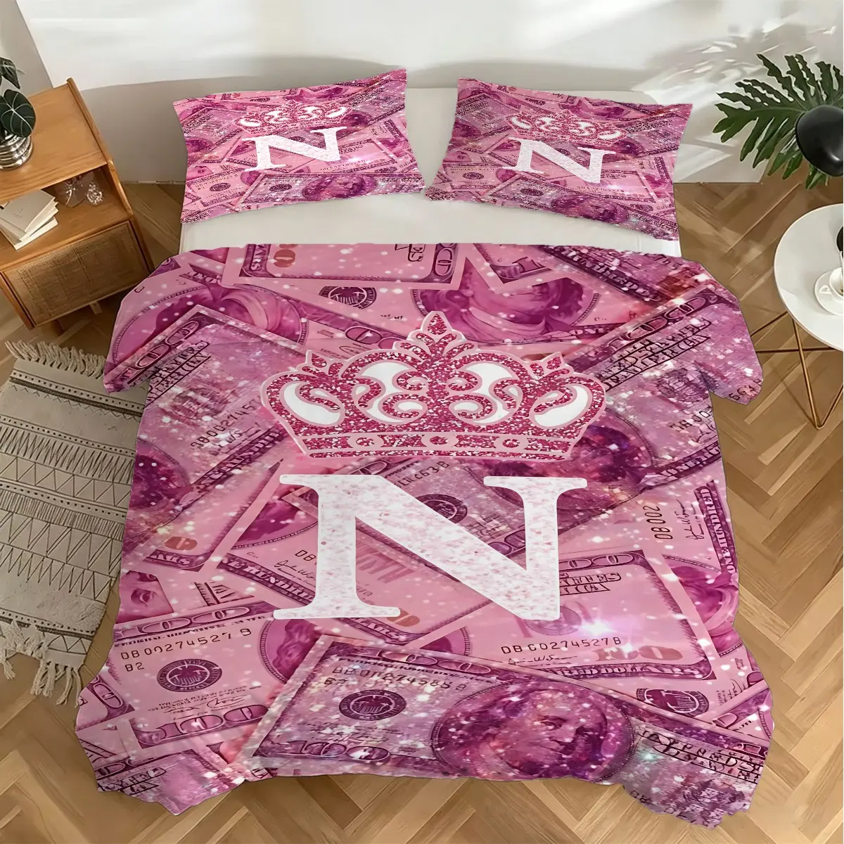 2/3pcs Polyester Glamorous Crown & Money Pattern Duvet Cover Set, Luxury Glitter Aesthetic Bedding Set / Soft Breathable Fabric / 1 Duvet Cover + 1/2 Pillowcases / Modern Bedroom Decor / Durable Comforter Cover Set Pillowcase 1/2 pcs (No Filler)