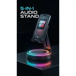 Wireless Induction Audio Bluetooth Speaker 5-in-1 Cellphone & Tablet Stand 5000mAh Emergency Rechargeable Portable Power Bank with Colorful Ambient Light, Compatible with iPhone Android, Ideal Gifts for Men Women Friends Family