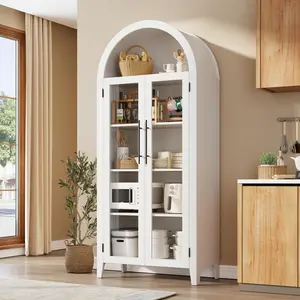 Garvee Arched Kitchen Pantry Storage Cabinet - Farmhouse 5 Tier Display Shelf with Adjustable Shelf and 2 Large Glass Doors, Versatile Cupboard for Kitchen, Dining Room, Living Room, White