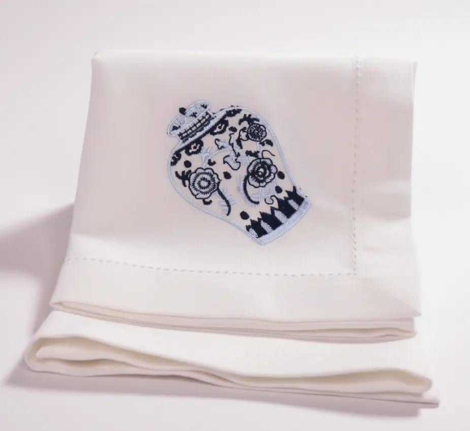Embroidered Chinoiserie Ginger Jar Linen Cotton Dinner Napkin