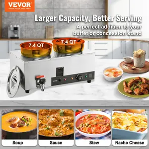 VEVOR Electric Soup Warmer, TikTokShopBlackFriday, Dual 7.4QT Stainless Steel Round Pot 86~185°F Adjustable Temp, 1200W Commercial Bain Marie with Anti-dry Burn and Reset Button, Soup Station for Restaurant, Buffet, Silver