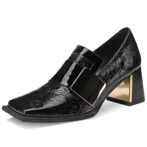 TDD Loafers for Women Patent Leather Buckle Square Toe Chunky Block Dress Slip On Wide Casual Comfortable Dressy High Heels Ladies Comfort Moccasins Elegantes 2 Inch Shoes 059