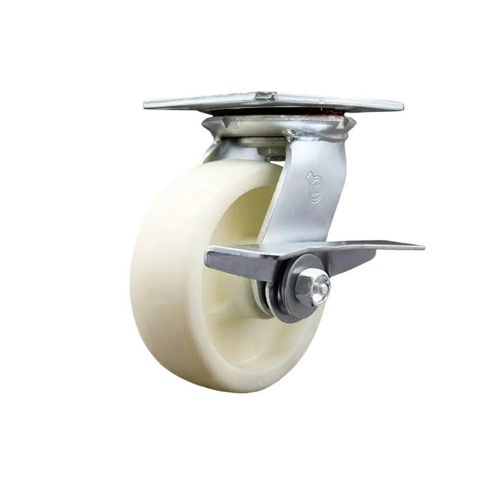 Service Caster SCC-35S620-NYR-SLB Heavy Duty Large Top Plate Nylon Swivel Caster with 6 x 2 in. White Wheel & Side Lock Brake - 1250 lbs Capacity per Caster