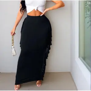 Women's Fringe Trim High Waist Pencil Skirt, Elegant Solid Color Long Skirt for Party Evening Formal Occasions, Back To School Outfits, Skirts for Women, Ladies Fall Outfits, Maxi Skirt, Back To School Clothes Girls Valentine's Day, gift curvy fits