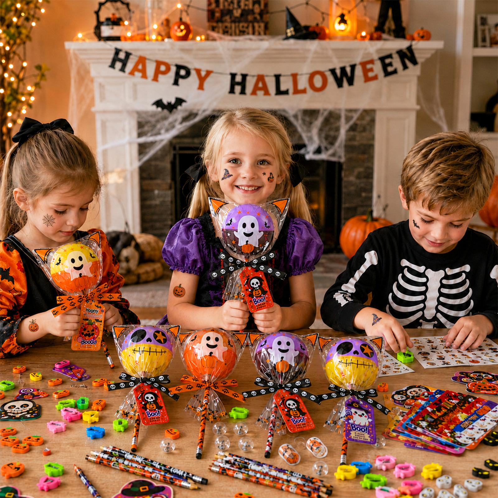 24-Pack 2026 Upgraded Light-Up Giant Halloween Lollipop Stationery Kit with Cards, Halloween Gifts for Kids, Classroom Exchange Party Favors