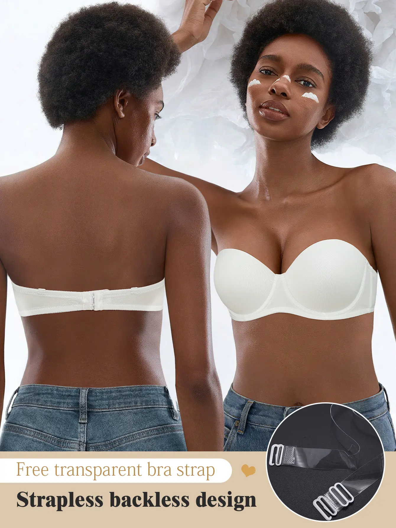Women's Strapless Push-Up Underwire Bandeau Bra - Minimalist, Anti-Sag, Anti-Slip, Side Support, Transparent Straps, Breathable Comfort - Ideal for Summer Dresses, Wedding Parties, Halloween, Christmas, Birthday, Family, Preppy Outfits, Thanksgiving