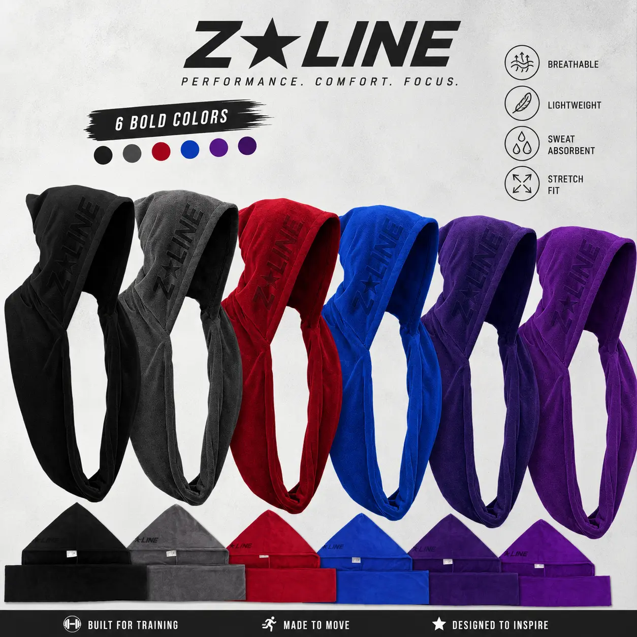 ZLINE Performance Comfort Focus 6 Bold Colors Breathable Lightweight Sweat Absorbent Stretch Fit Headbands for Training