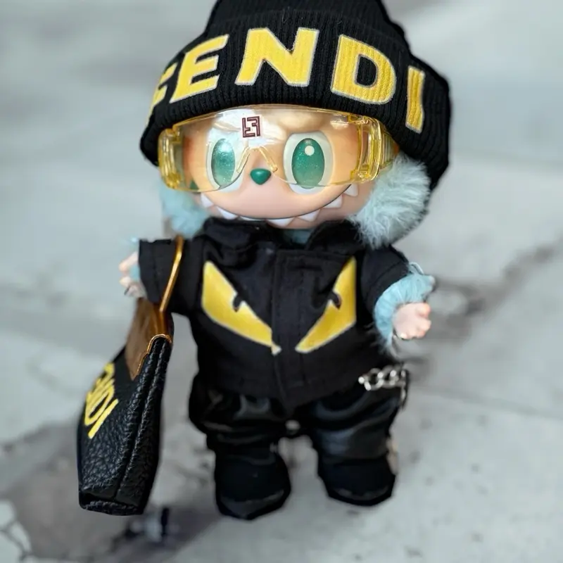 Luxe Streetwear Black & Yellow Outfit with Bag for Labubu Collectible