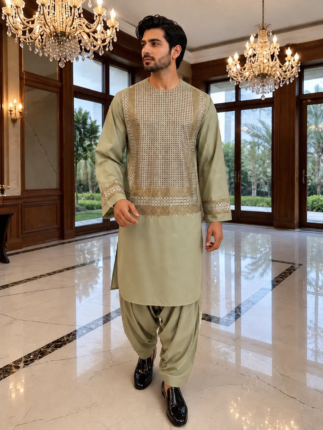 Large Sage Green Afghan Parahan Tunban with Gold and Brown Embroidery | Traditional Men’s Afghan Outfit
