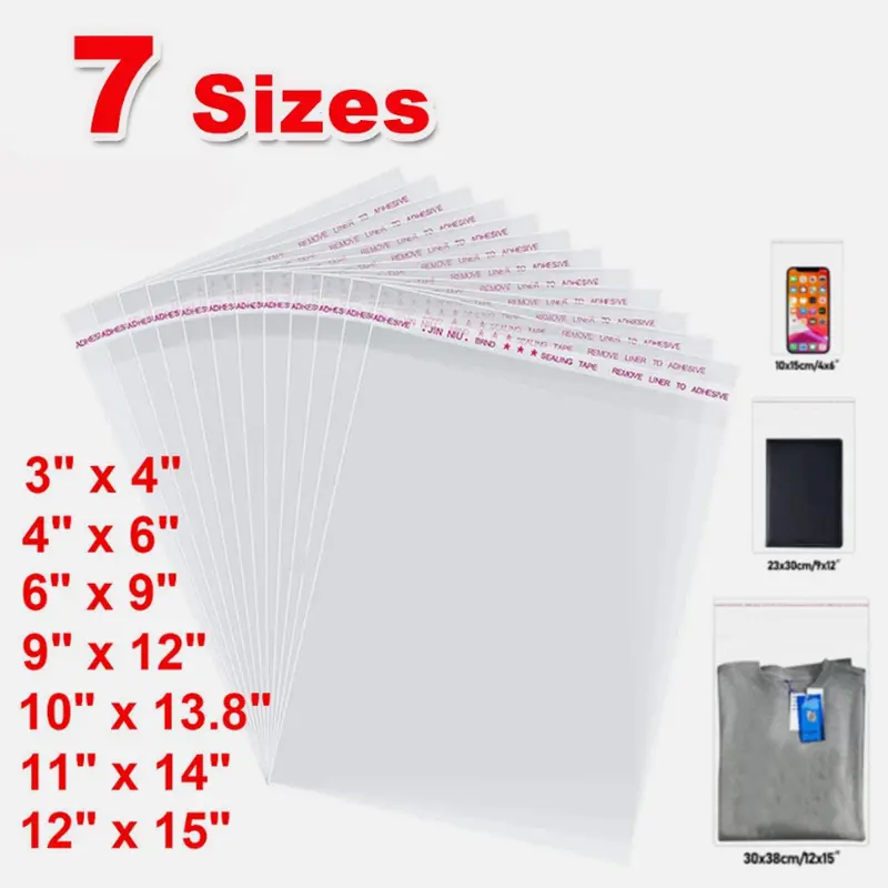 Resealable Clear Plastic Bags Self Seal Cello Bag Lip Tape - 100 Pcs, Various Sizes, Poly Apparel T-Shirt