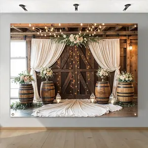Wedding Themed Backdrop, Wedding Party Backdrop, 1 Count Wooden Barrel & Curtain Pattern Backdrop, Decorative Banner for Home Living Room & Bedroom & Outdoor