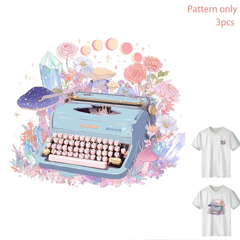Retro Typewriter with Dreamy Mushrooms and Crystals, Creative Heat Transfer Vinyl Design for T-shirts, Jeans, Hoodies, Backpacks, Pattern Only