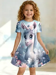 Girls Summer Flower Sea Unicorn Print Dress, Kids Fresh Blue Crew Neck Short Sleeve A-Line Dress