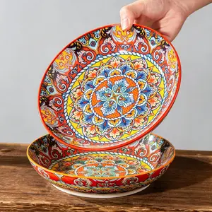 2pcs Round 8 Inch Ceramic Dinner Plates Set, Dining Plate Set, Floral Pattern Steak Plate, Fruit Plate, Salad Plate, Suitable for Kitchen & Restaurant, Dishwasher Microwave Safe