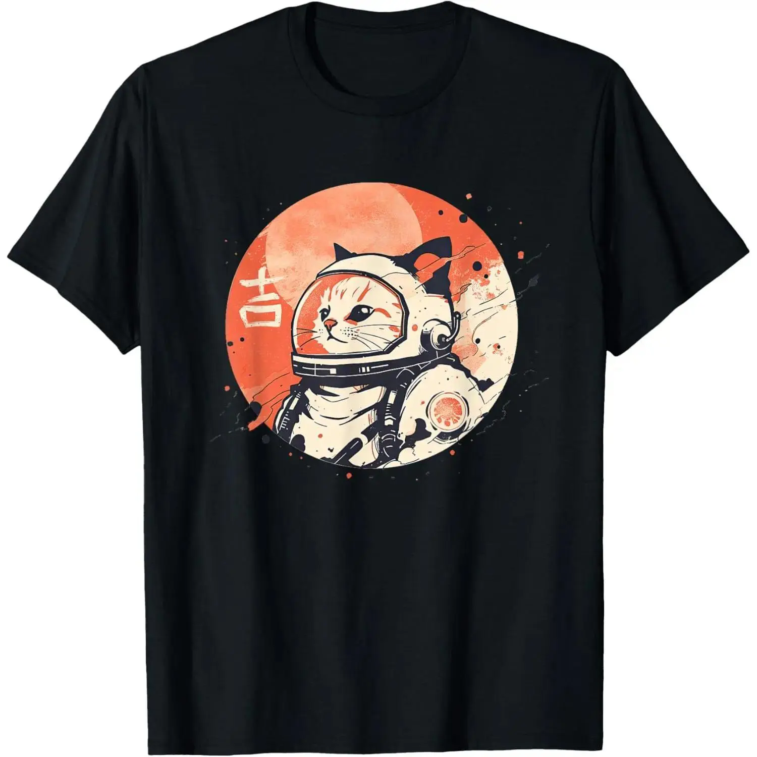 Classic Graphic T-Shirt with Japanese Retro Space Cat & Good Luck Kanji Print for Men & Women, Casual 100% Cotton Short Sleeve, Hem, Shortsleeve, Fabric, Menswear, Tshirt, Outfits, Tops, Soft