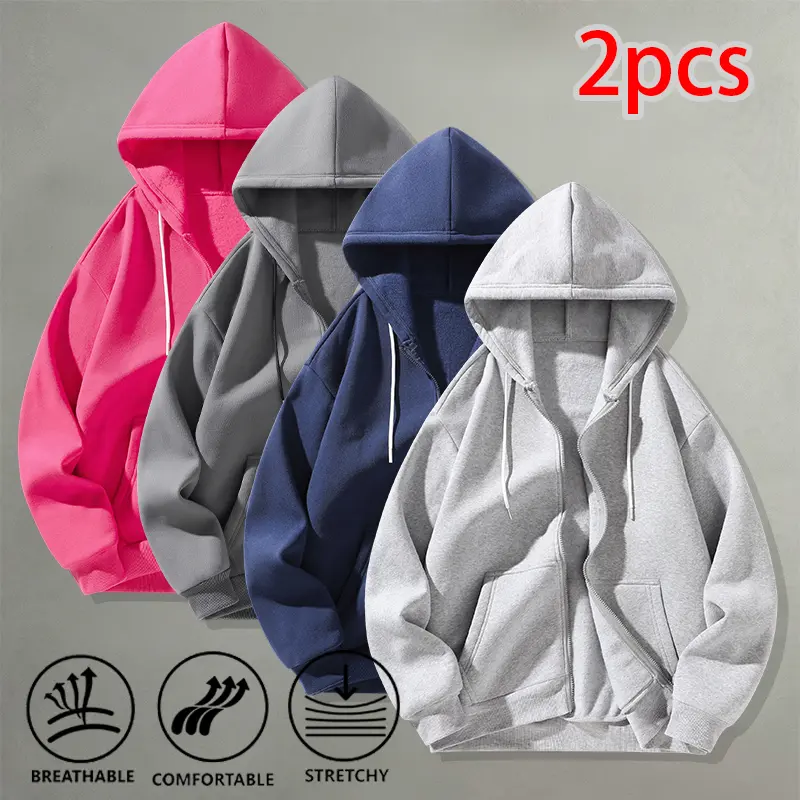 Men's Unisex 2-Piece Minimalist Clean Look Zip-Up Hoodie Sweatshirt Tops - Casual, Long Sleeve, Drop Shoulders Multicolor Basic Outerwear for Campus, Outings