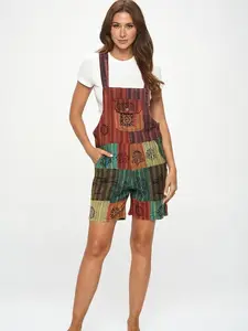 Cotton patchwork short-overalls, cotton patchwork romper, Mushroom romper, hippie clothing, boho clothing, fun clothing