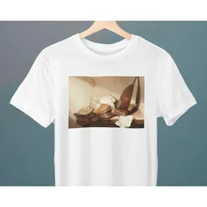 Men's art and literature Graphic T-Shirt - Short Sleeve Crew Neck Regular Fit Casual Wear | Soft & Breathable Fabric, Durable Print, Everyday Comfort, Machine Washable, still life painting a wooden table with stacked books, a feather, and a wooden scoop,