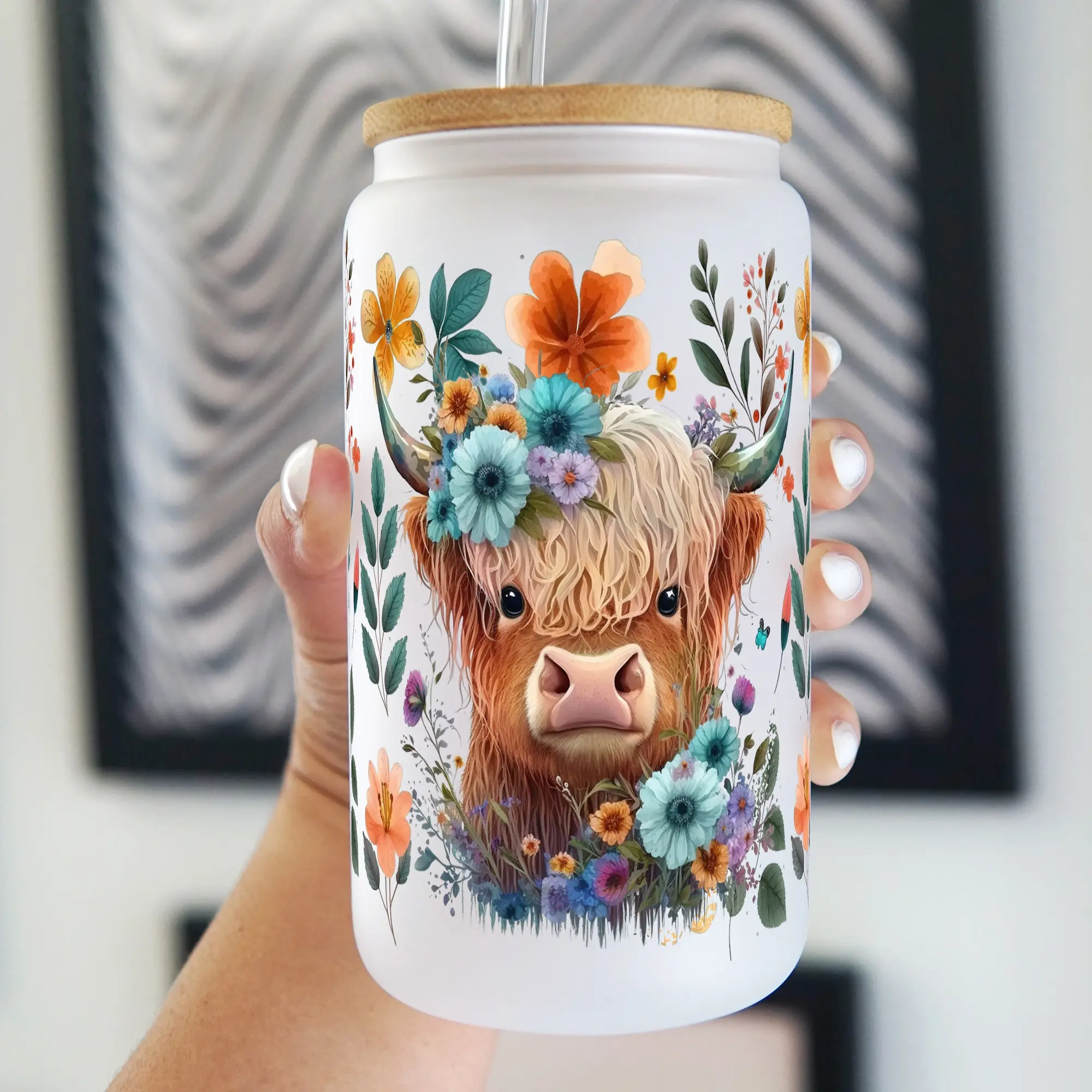 Floral Highland Cow 17oz Glass Mug with Lid and Straw, Iced Coffee Drinkware, Gift for Her, water bottle for women, highland cow gifts