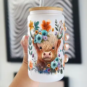 16oz Floral Highland Cow Glass Cup, Cute Cow Lover Tumbler with Bamboo Lid & Plastic and Glass Straws, Aesthetic Iced Coffee Mug Farmhouse Gift Drinkware Water Bottle Plastic