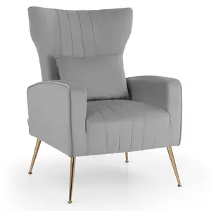 COSTWAY - Velvet Upholstered Wingback Chair with Lumbar Pillow and Golden Metal Legs-Gray