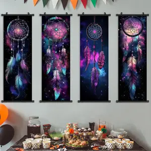 4-Piece Hanging Banners, Cyber Starry Sky Dreamcatcher Art Poster, Feather Pattern, Modern Living Room Decor, Waterproof Printing