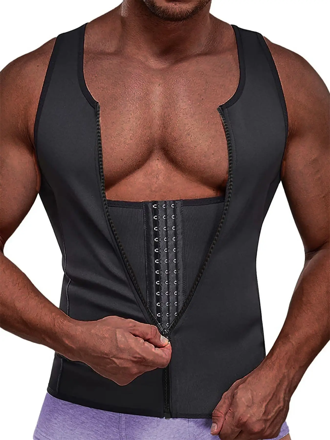 Men's Solid Zip Front Waist Trainer, Adjustable Body Shaper Vest, Workout Gym Exercise Sweat Shirt, Men's Sport & Outdoor Clothing