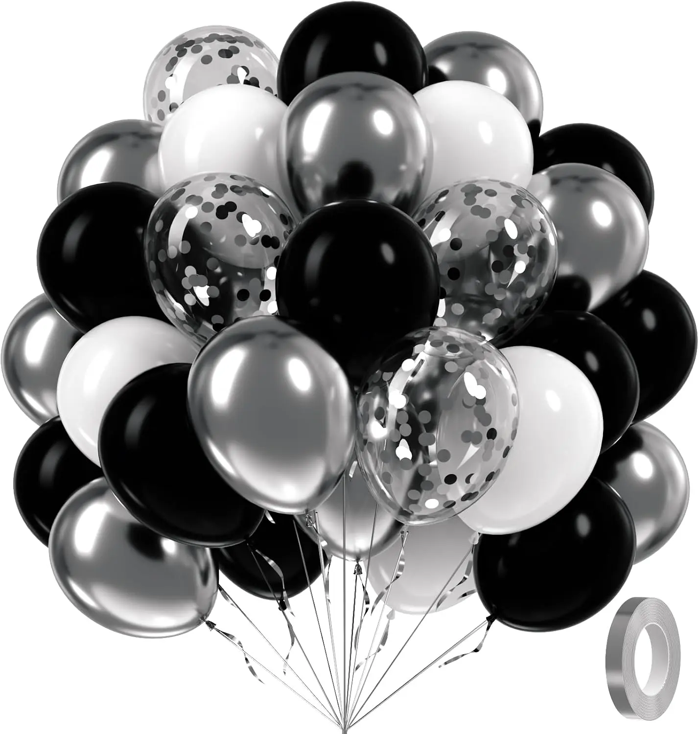 12-Inch Round Latex Rubber Balloons Set (60pcs) - Black, Silver, Silver Confetti Print, Sturdy Elastic, Multiple Uses for Baby Shower, Wedding Party Decorations