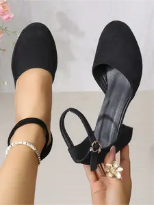 Women's new plus-size round-toe buckle chunky heel shoes for outdoor wear, stylish, simple, comfortable, suitable for daily shopping and gatherings, versatile high-heeled shoes, Fashionable Footwear
