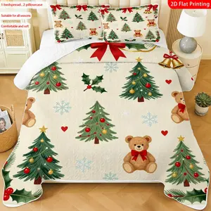 3pcs, 2D flat print Christmas tree teddy bear bed cover set, multiple sizes available, bedding set, festive decorative bedding, ideal for bedroom décor(1 bedspread , 2 pillowcase)