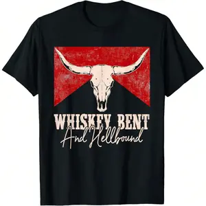Whiskey Bent And Hellbound Graphic Western Cactus Deserts T-Shirt, Oversized Short Sleeve Classic Heavy Cotton T Shirt Printed Graphic Tee Men Women's Casual Short-Sleeved Top