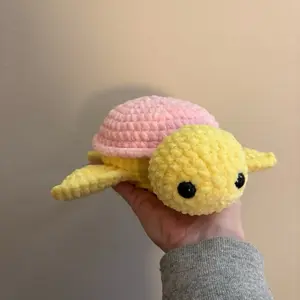 Hand crocheted pink and yellow turtle