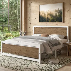 Farmhouse Style Metal Platform Bed Frame with Wood Grain Headboard, 10.5 Inch Under Bed Storage, Rust Resistant Noise-Free Bed Frame, 800lbs Capacity No Box Spring Needed, Easy Assembly for Bedroom