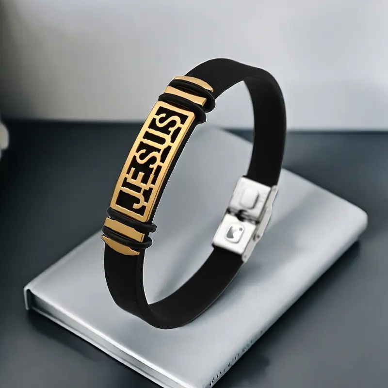 [1pc Adjustable Jesus Letter Bracelet] 1pc New minimalist JESUS letter Prayer silicone bracelet Punk Retro adjustable bracelet Holiday gift accessories