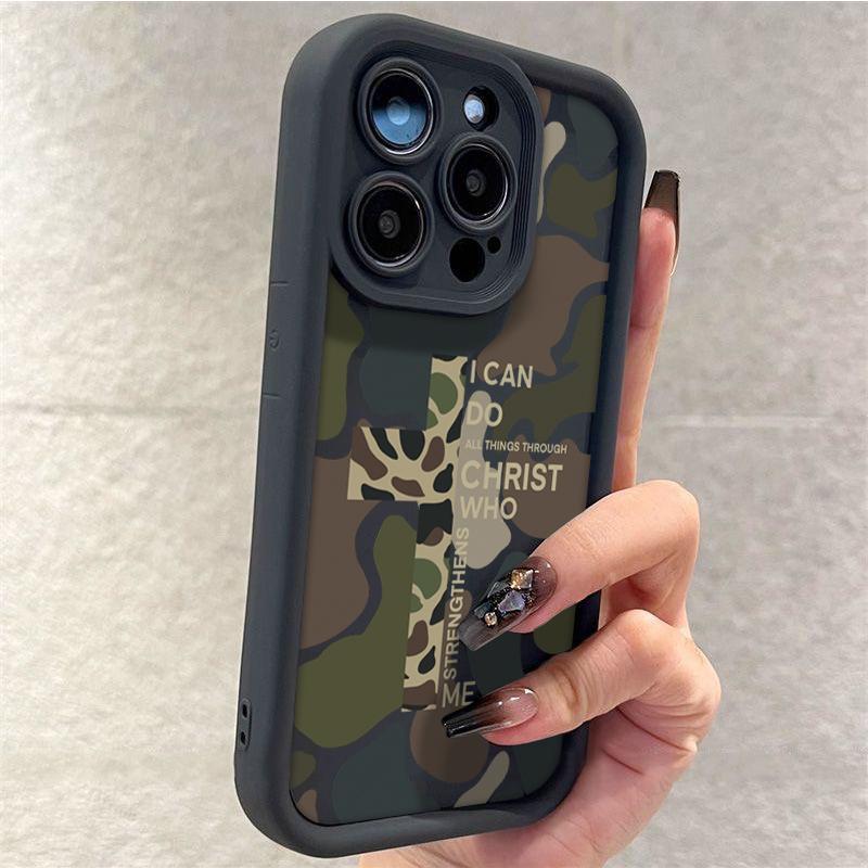 Camouflage Pattern With Cross Phone Case Iconic Christian Faith Artwork Featuring A Thickened Soft Tpu Back And Raised Camera Step Design Blending Cloud-Like Comfort With Reliable Lens Protection For iPhone 17 16 15 14 13 12 11 X XS